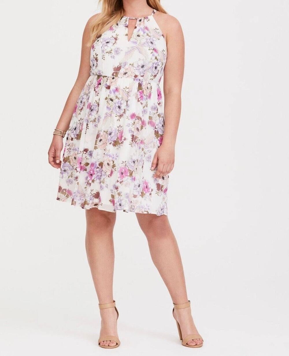Torrid Floral High Neck Swing Fit And Flare Dress Size 2X Pink Multicolor